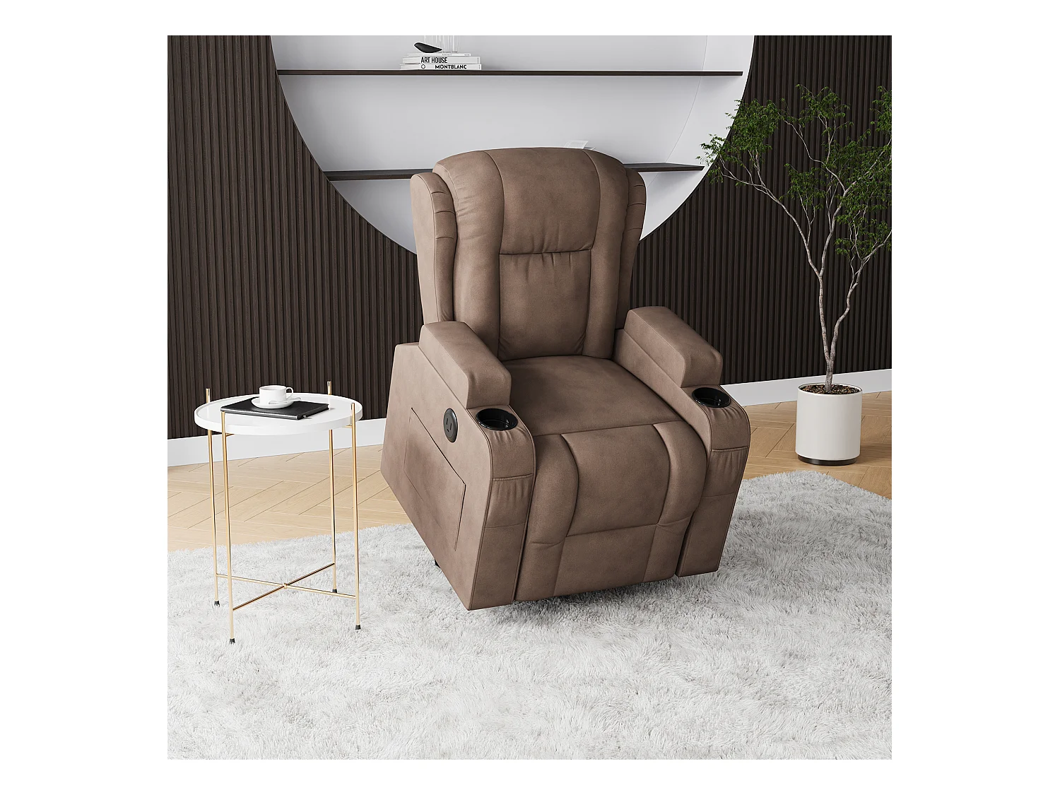 Poltrona massaggiante elettrica marrone con USB, portabicchieri, telecomando, funzione reclinabile, vibrazione e riscaldamento