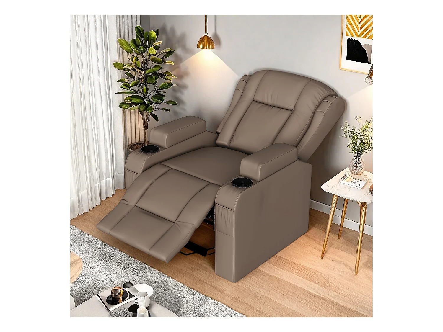 Fauteuil de massage électrique marron avec USB, porte-gobelets, télécommande, fonction inclinable, vibration et chauffage