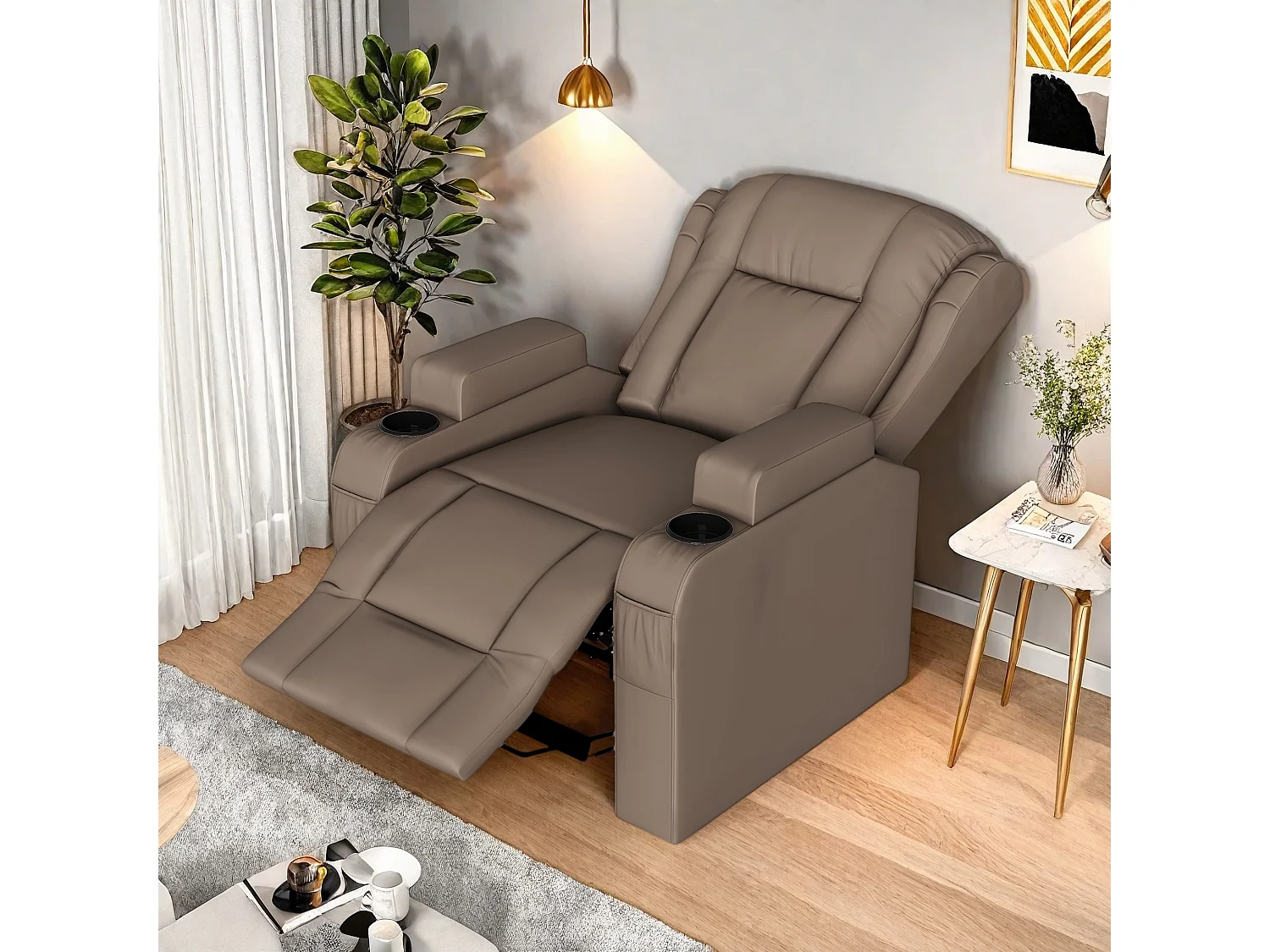 Fauteuil de massage électrique marron avec USB, porte-gobelets, télécommande, fonction inclinable, vibration et chauffage