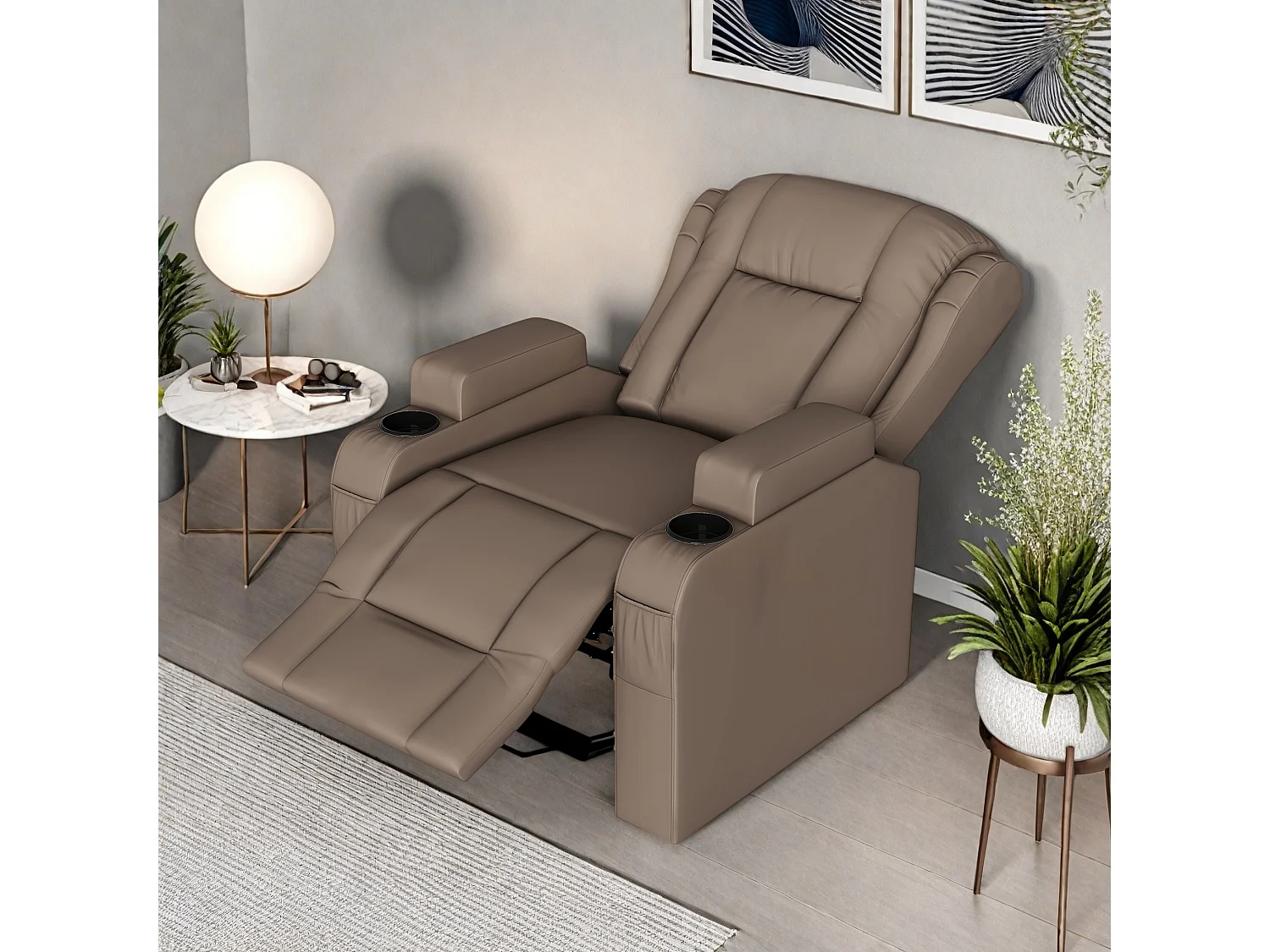 Fauteuil de massage électrique marron avec USB, porte-gobelets, télécommande, fonction inclinable, vibration et chauffage