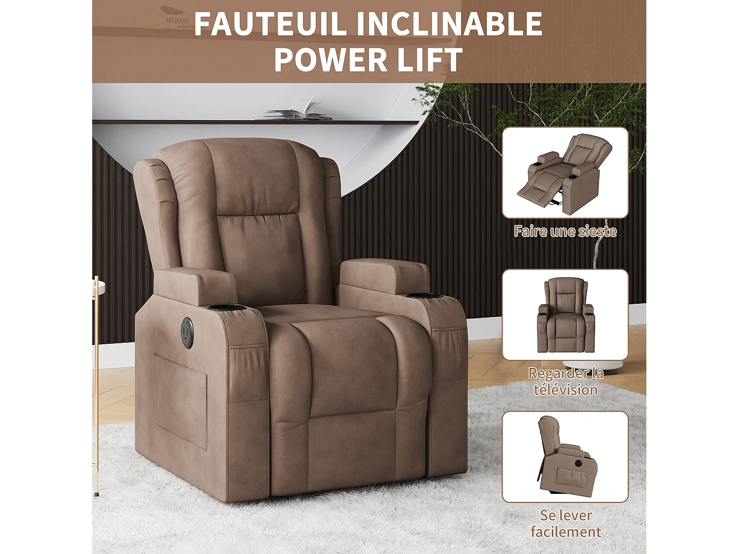 Fauteuil de massage électrique marron avec USB, porte-gobelets, télécommande, fonction inclinable, vibration et chauffage