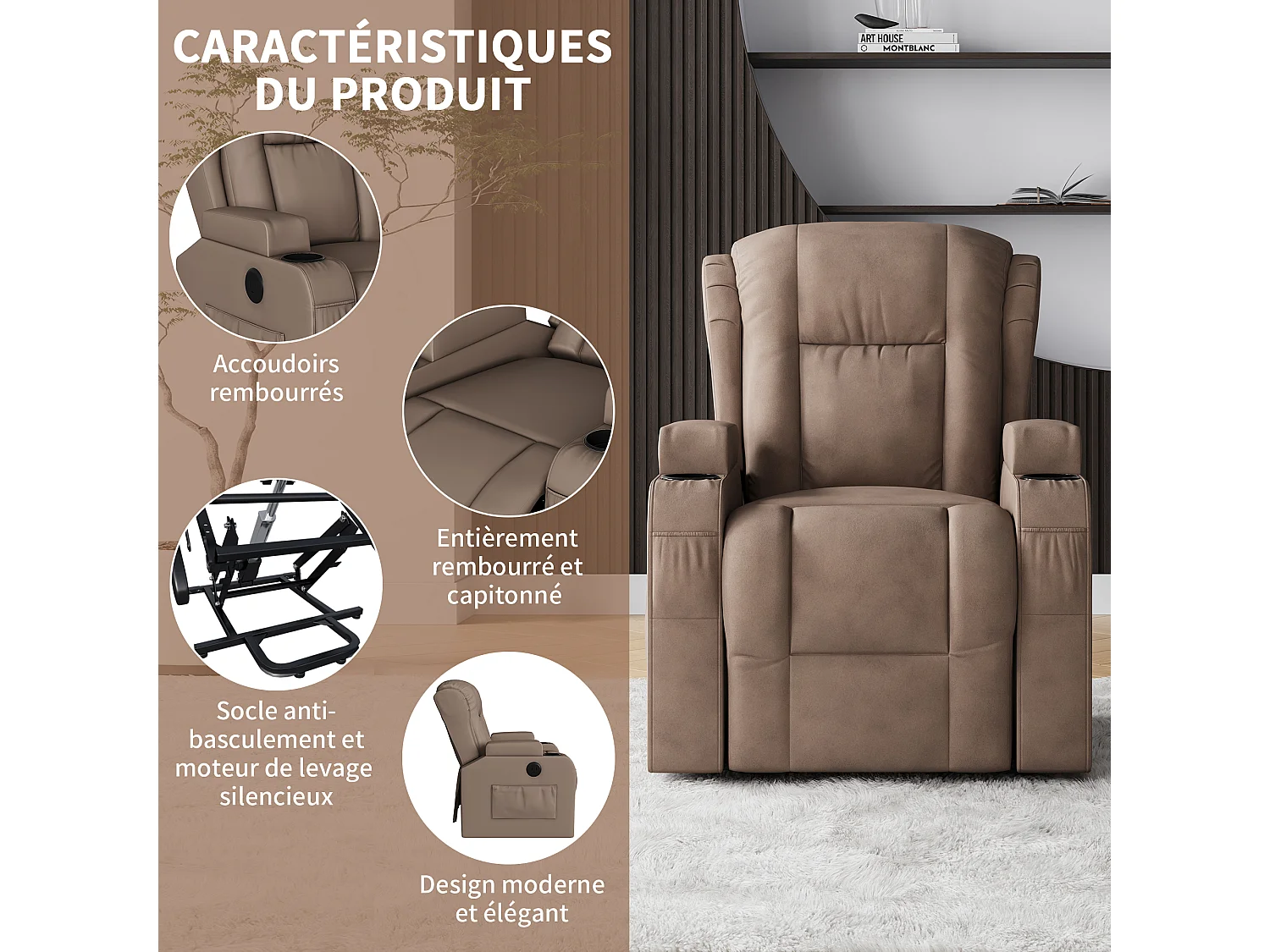 Fauteuil de massage électrique marron avec USB, porte-gobelets, télécommande, fonction inclinable, vibration et chauffage