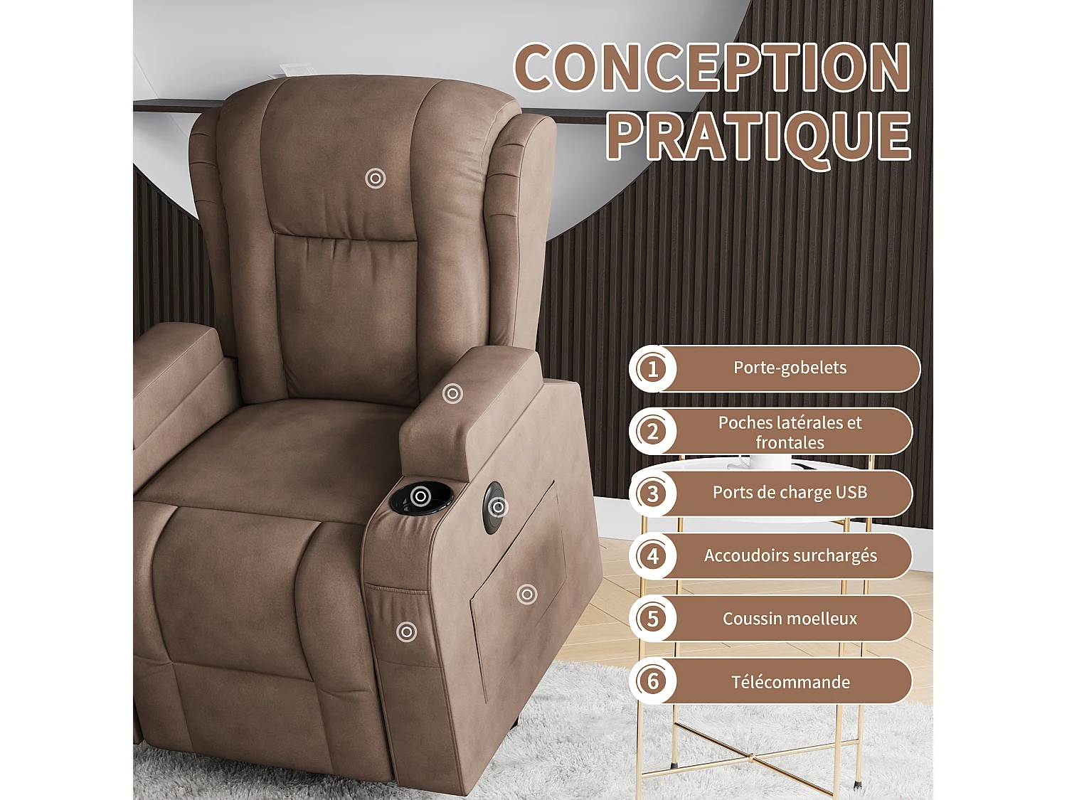Fauteuil de massage électrique marron avec USB, porte-gobelets, télécommande, fonction inclinable, vibration et chauffage