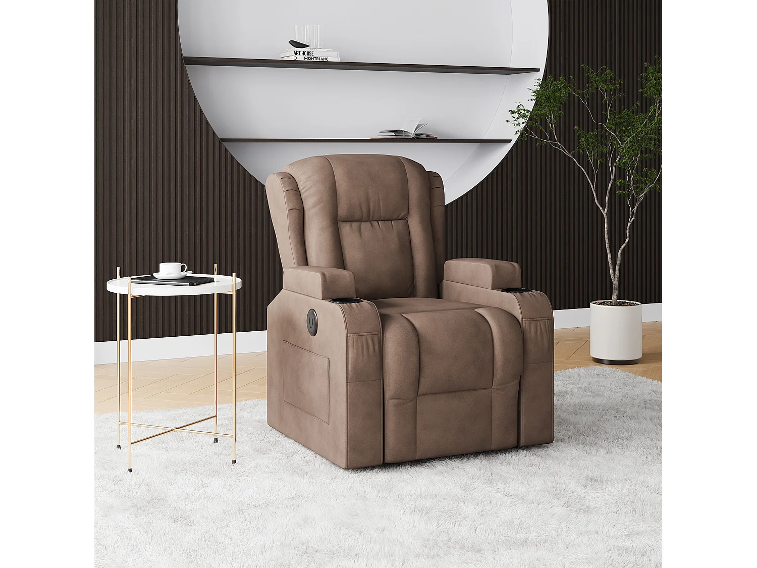 Fauteuil de massage électrique marron avec USB, porte-gobelets, télécommande, fonction inclinable, vibration et chauffage