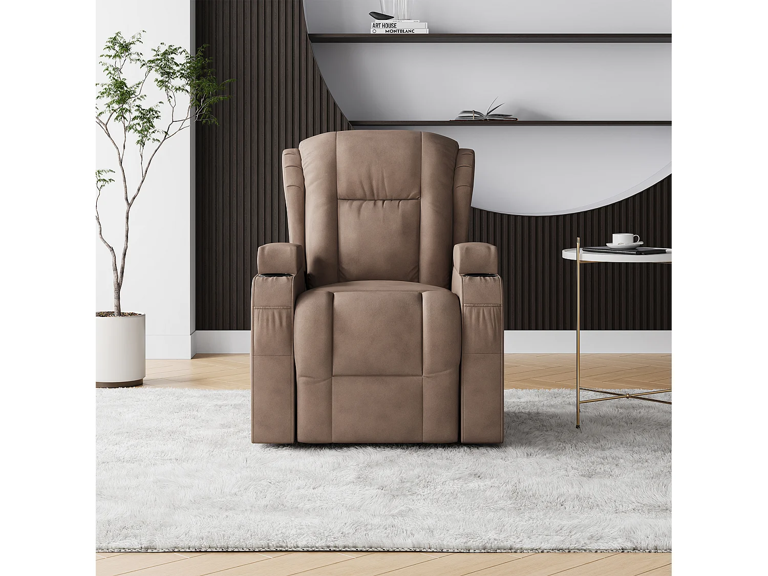 Fauteuil de massage électrique marron avec USB, porte-gobelets, télécommande, fonction inclinable, vibration et chauffage
