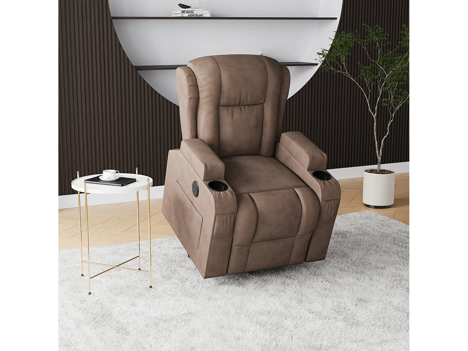 Fauteuil de massage électrique marron avec USB, porte-gobelets, télécommande, fonction inclinable, vibration et chauffage