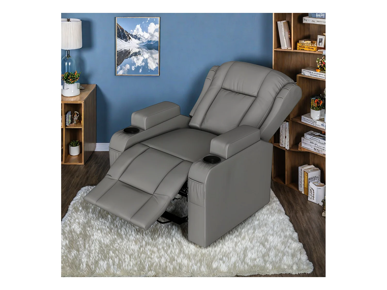 Poltrona massaggiante elettrica grigia con USB, portabicchieri, telecomando, funzione reclinabile, vibrazione e riscaldamento