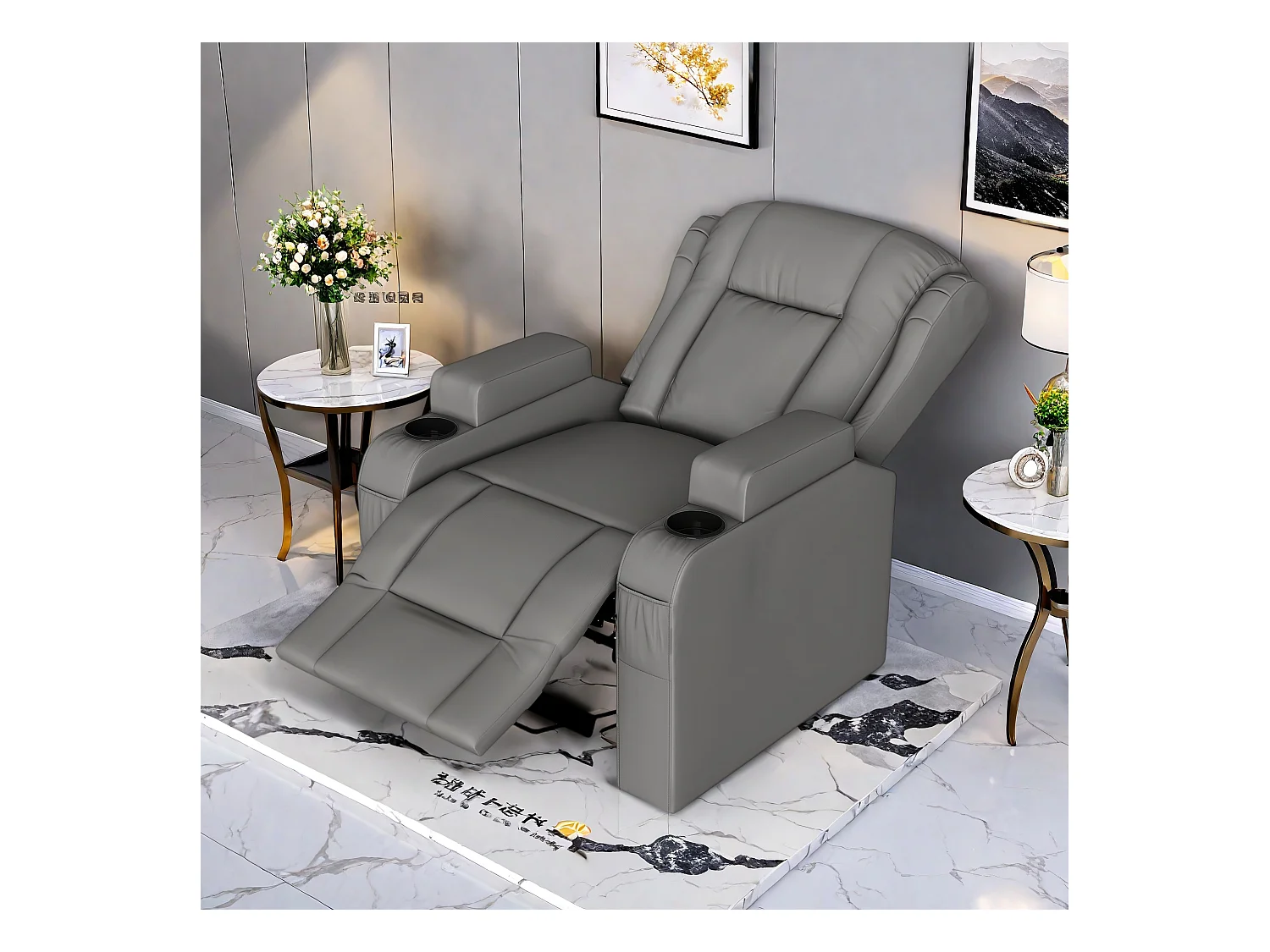 Poltrona massaggiante elettrica grigia con USB, portabicchieri, telecomando, funzione reclinabile, vibrazione e riscaldamento