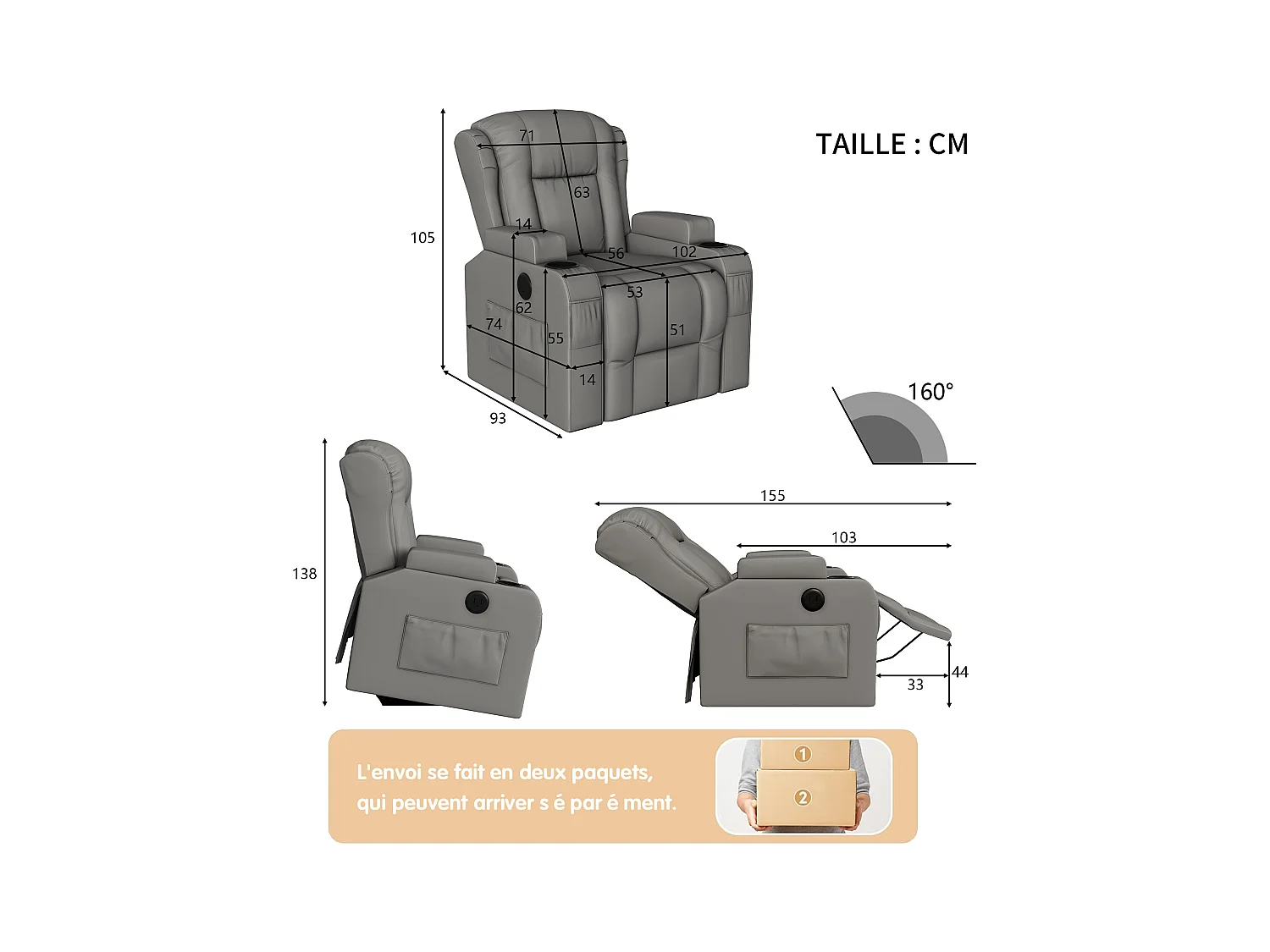 Poltrona massaggiante elettrica grigia con USB, portabicchieri, telecomando, funzione reclinabile, vibrazione e riscaldamento