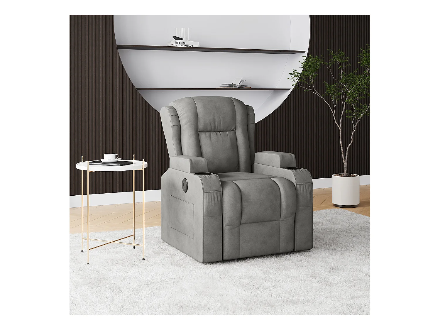 Poltrona massaggiante elettrica grigia con USB, portabicchieri, telecomando, funzione reclinabile, vibrazione e riscaldamento