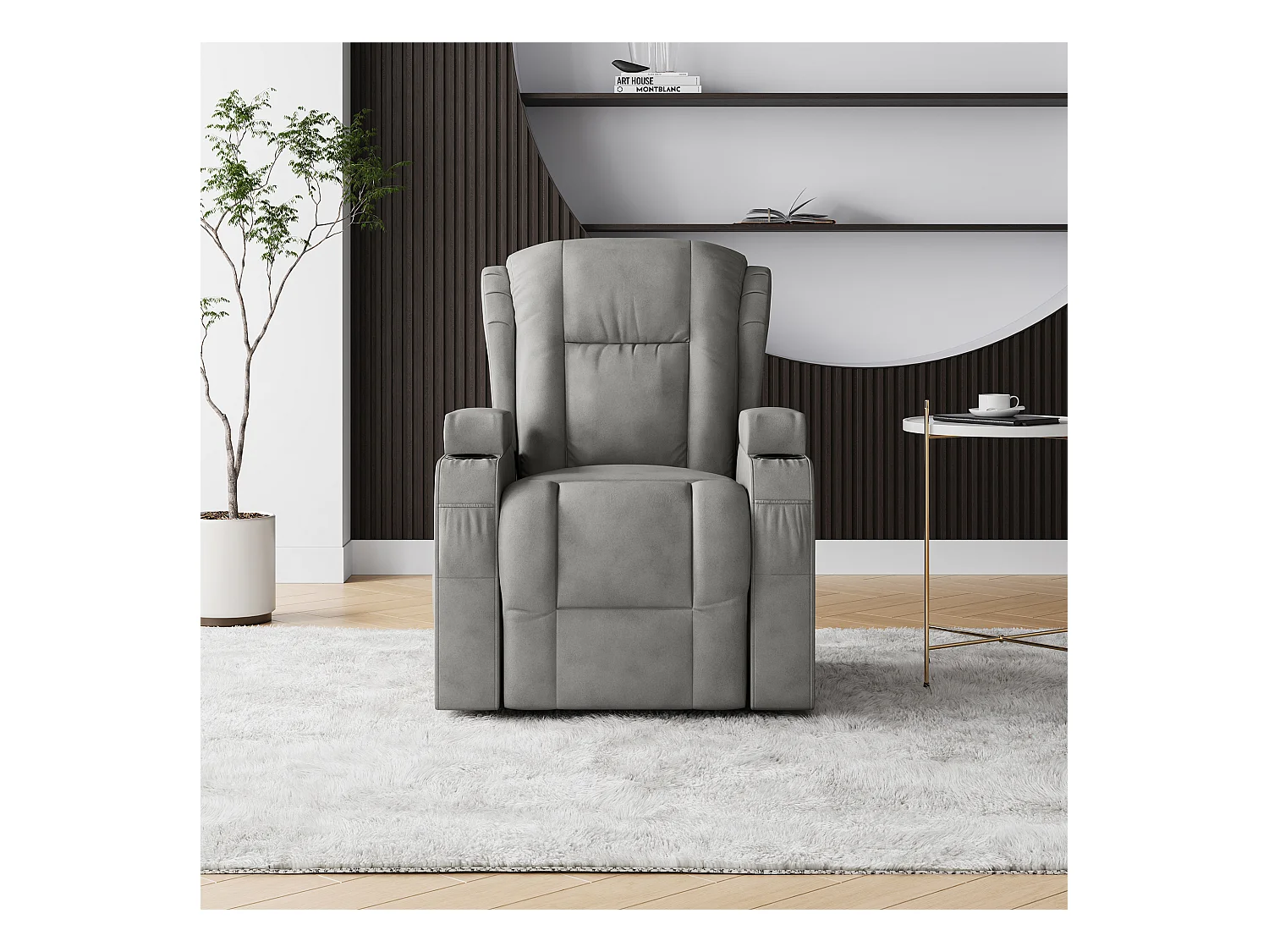 Poltrona massaggiante elettrica grigia con USB, portabicchieri, telecomando, funzione reclinabile, vibrazione e riscaldamento