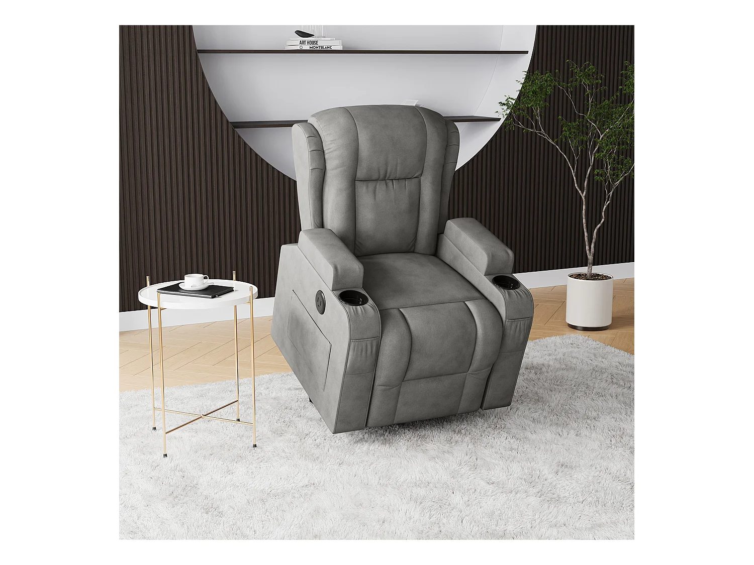 Poltrona massaggiante elettrica grigia con USB, portabicchieri, telecomando, funzione reclinabile, vibrazione e riscaldamento