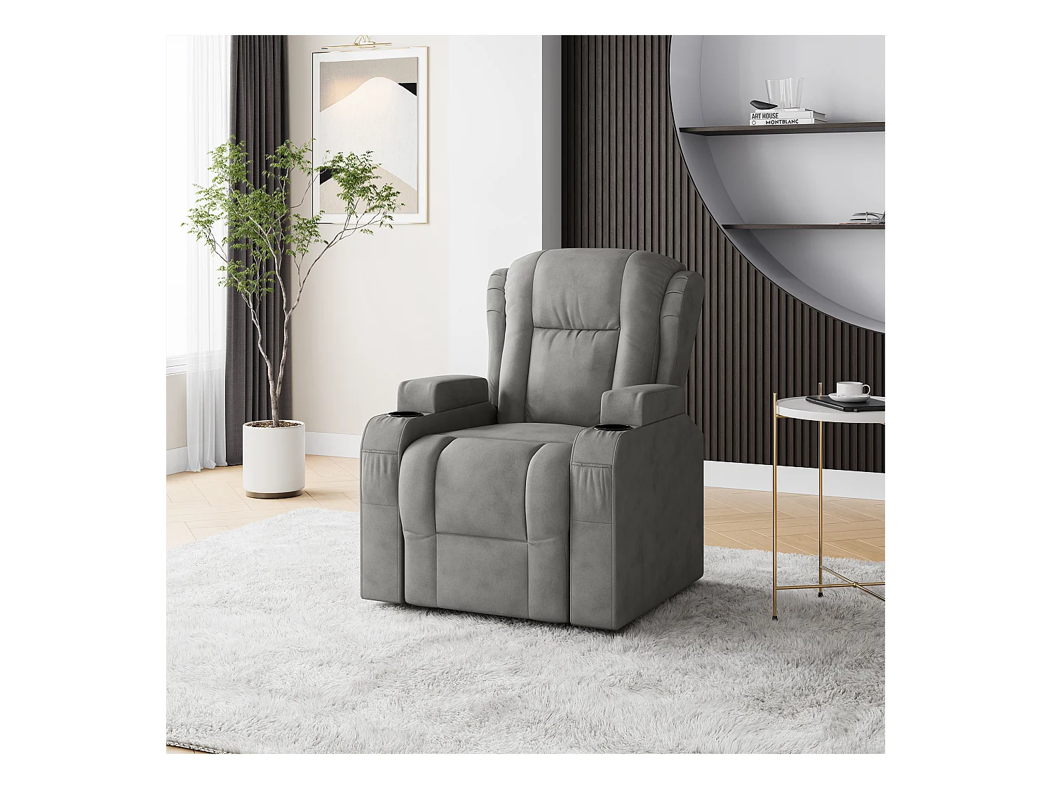 Poltrona massaggiante elettrica grigia con USB, portabicchieri, telecomando, funzione reclinabile, vibrazione e riscaldamento