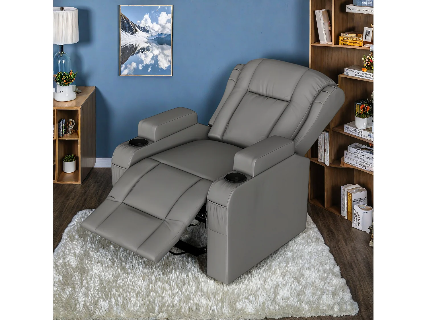Fauteuil de massage électrique gris avec USB, porte-gobelets, télécommande, fonction inclinable, vibration et chauffage