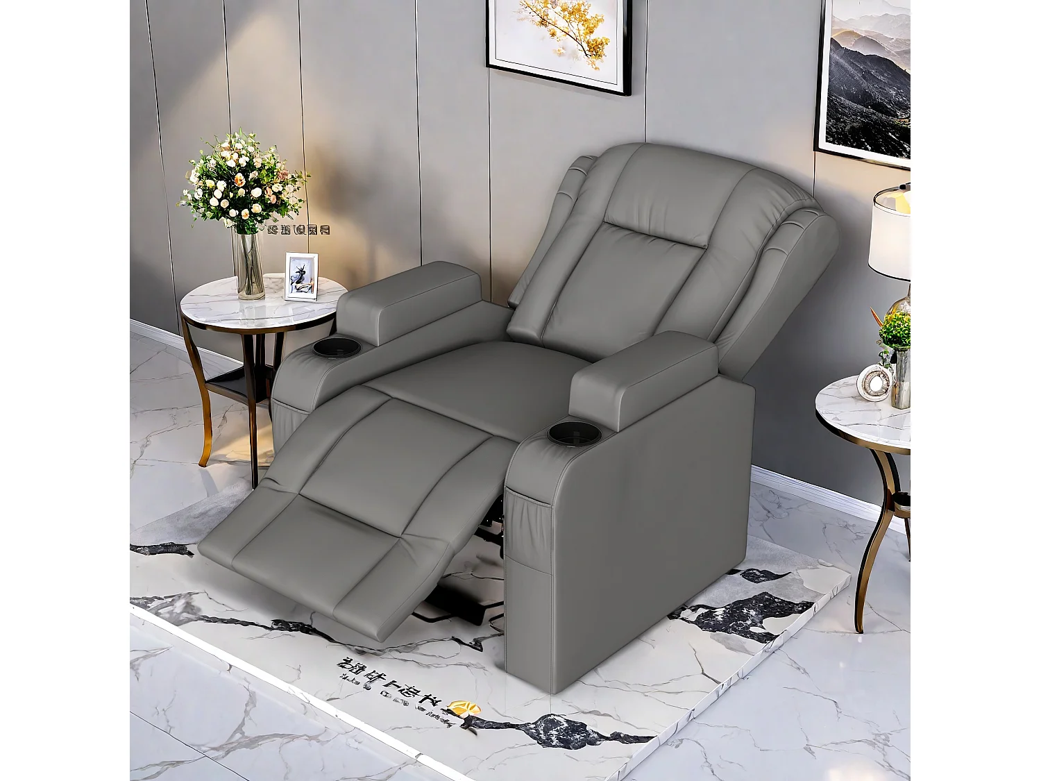 Fauteuil de massage électrique gris avec USB, porte-gobelets, télécommande, fonction inclinable, vibration et chauffage