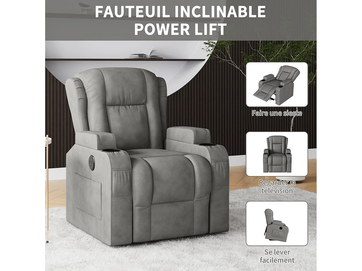 Fauteuil de massage électrique gris avec USB, porte-gobelets, télécommande, fonction inclinable, vibration et chauffage