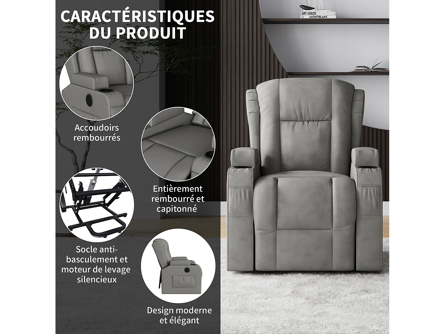 Fauteuil de massage électrique gris avec USB, porte-gobelets, télécommande, fonction inclinable, vibration et chauffage