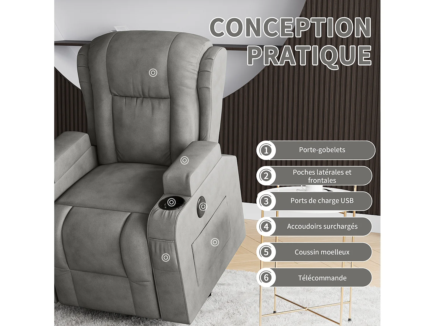 Fauteuil de massage électrique gris avec USB, porte-gobelets, télécommande, fonction inclinable, vibration et chauffage