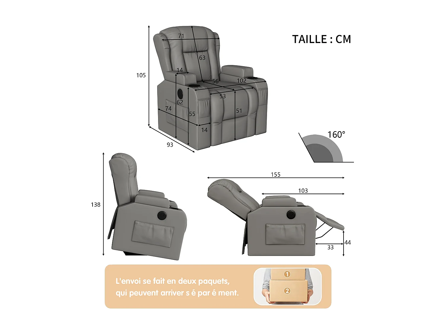 Fauteuil de massage électrique gris avec USB, porte-gobelets, télécommande, fonction inclinable, vibration et chauffage
