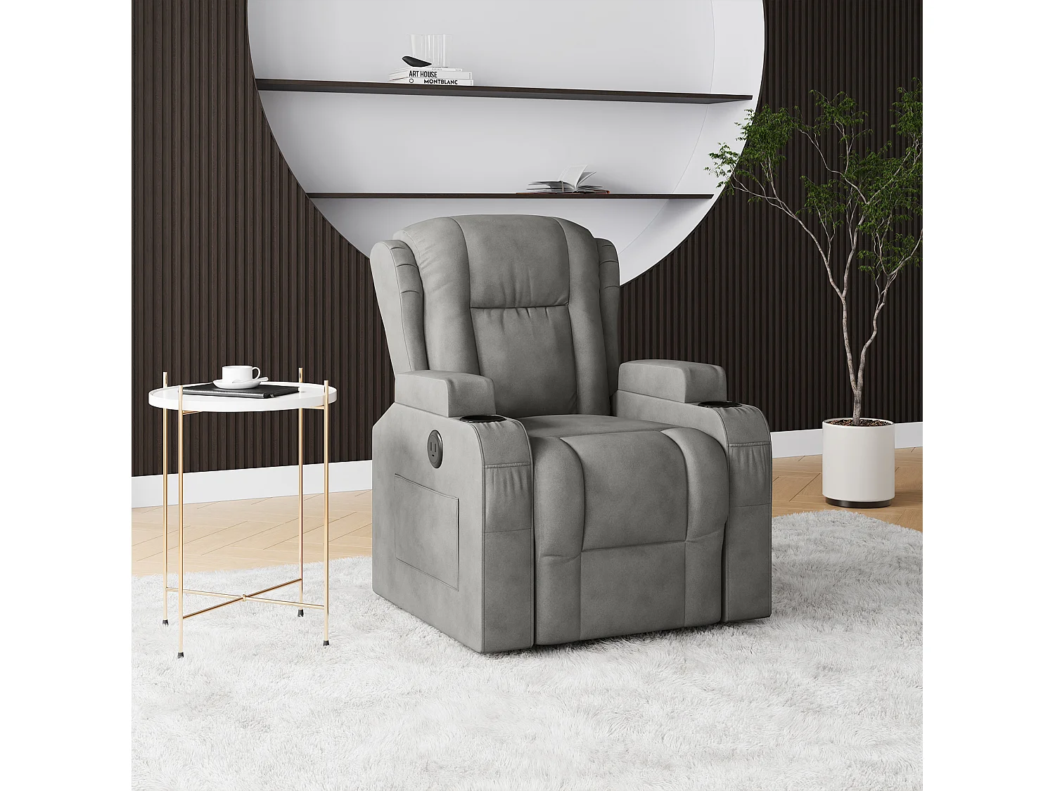 Fauteuil de massage électrique gris avec USB, porte-gobelets, télécommande, fonction inclinable, vibration et chauffage