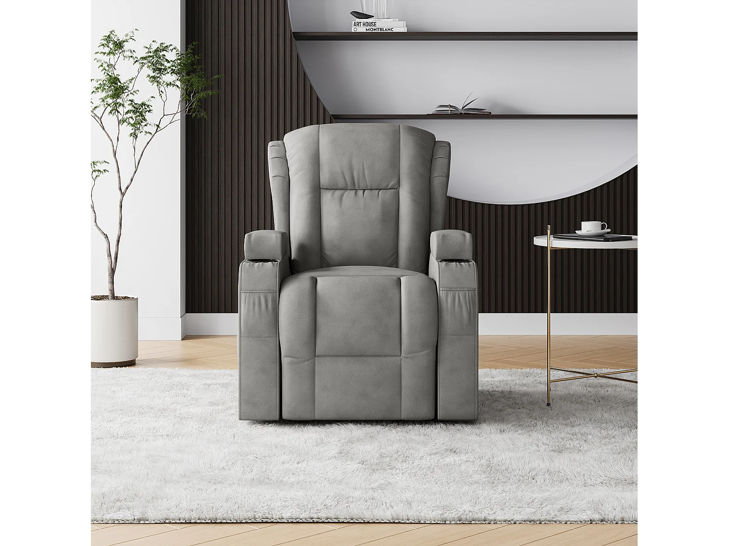 Fauteuil de massage électrique gris avec USB, porte-gobelets, télécommande, fonction inclinable, vibration et chauffage