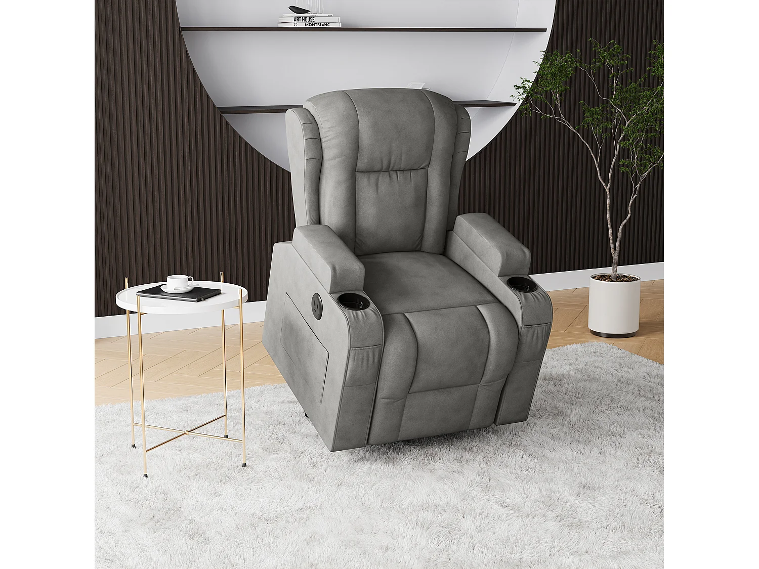 Fauteuil de massage électrique gris avec USB, porte-gobelets, télécommande, fonction inclinable, vibration et chauffage