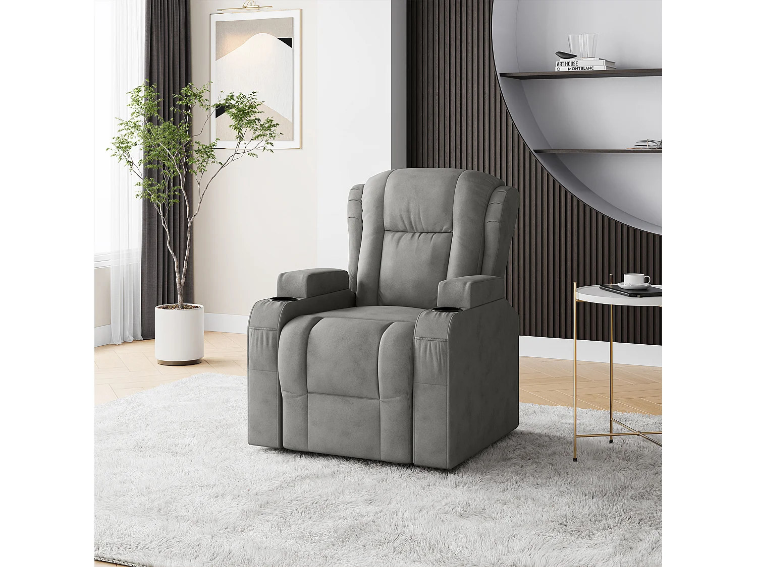 Fauteuil de massage électrique gris avec USB, porte-gobelets, télécommande, fonction inclinable, vibration et chauffage