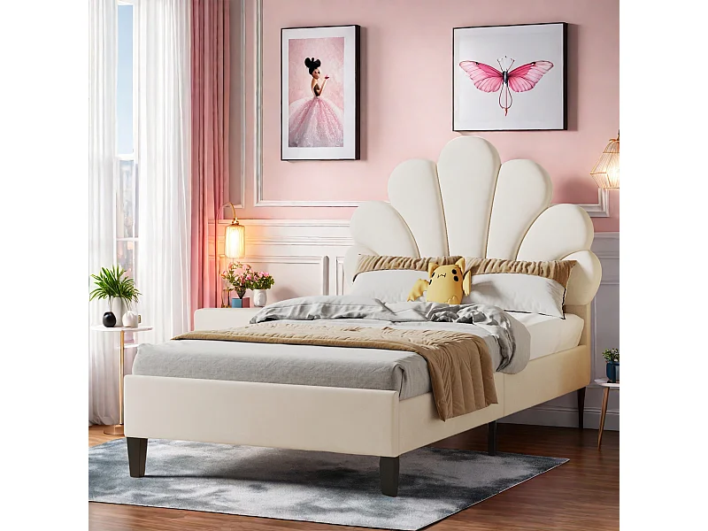 Eenpersoonsbed 90 x 200 cm, gestoffeerd, met bloemvormig hoofdbord en lattenbodem, stabiel bedframe, kinderbed, huidvriendelijk fluwelen bed, Beige