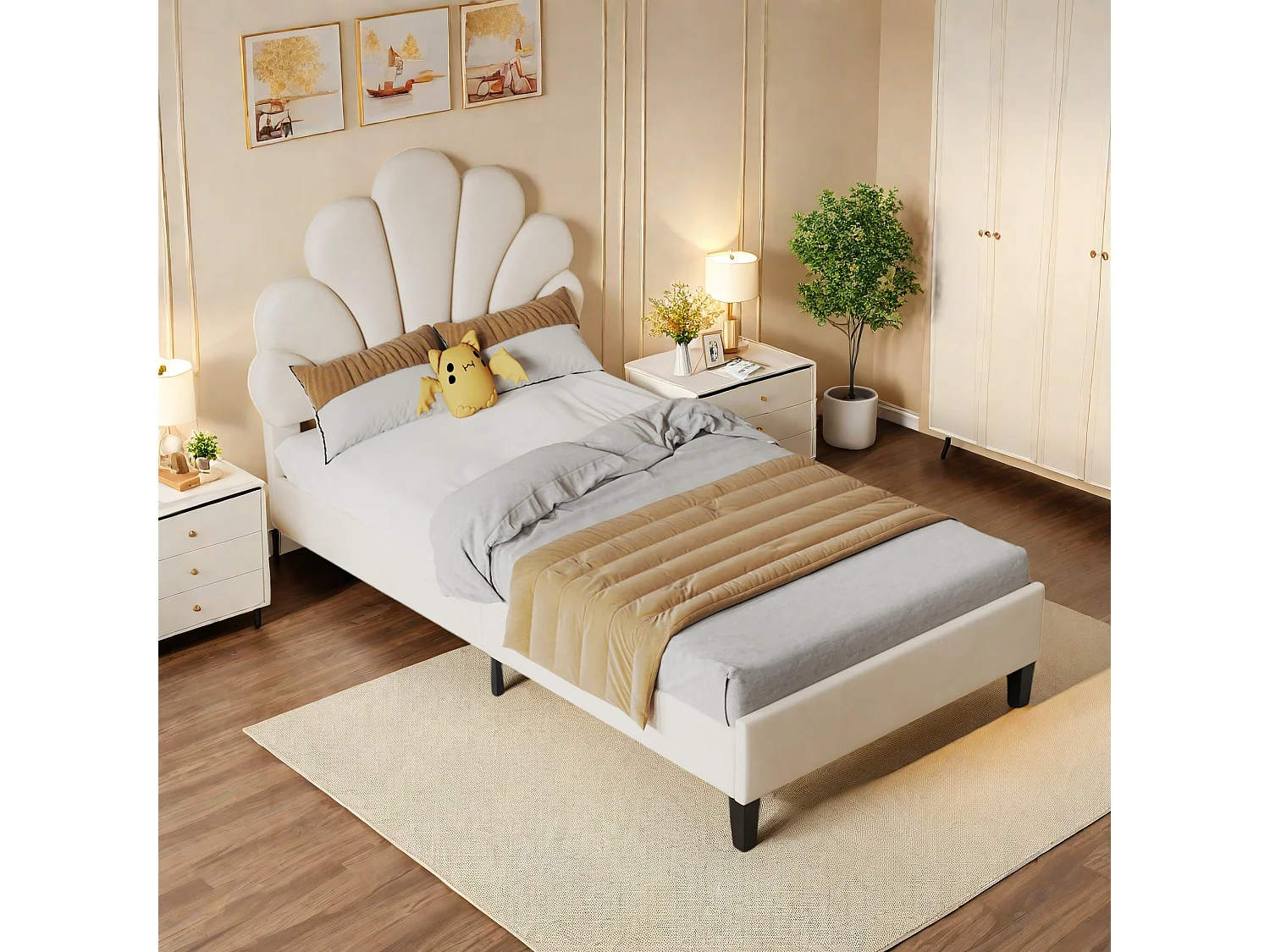 Eenpersoonsbed 90 x 200 cm, gestoffeerd, met bloemvormig hoofdbord en lattenbodem, stabiel bedframe, kinderbed, huidvriendelijk fluwelen bed, Beige