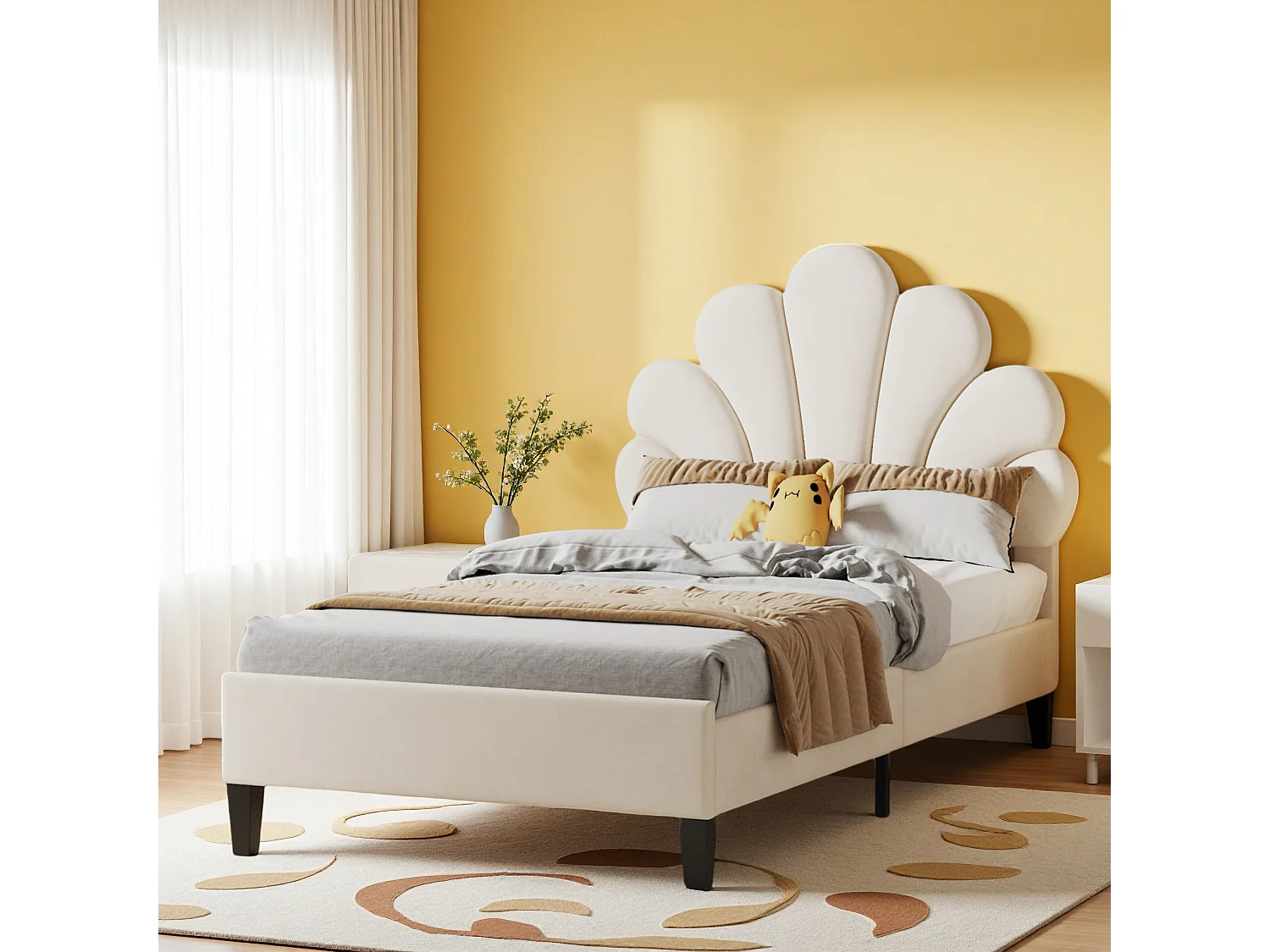 Eenpersoonsbed 90 x 200 cm, gestoffeerd, met bloemvormig hoofdbord en lattenbodem, stabiel bedframe, kinderbed, huidvriendelijk fluwelen bed, Beige