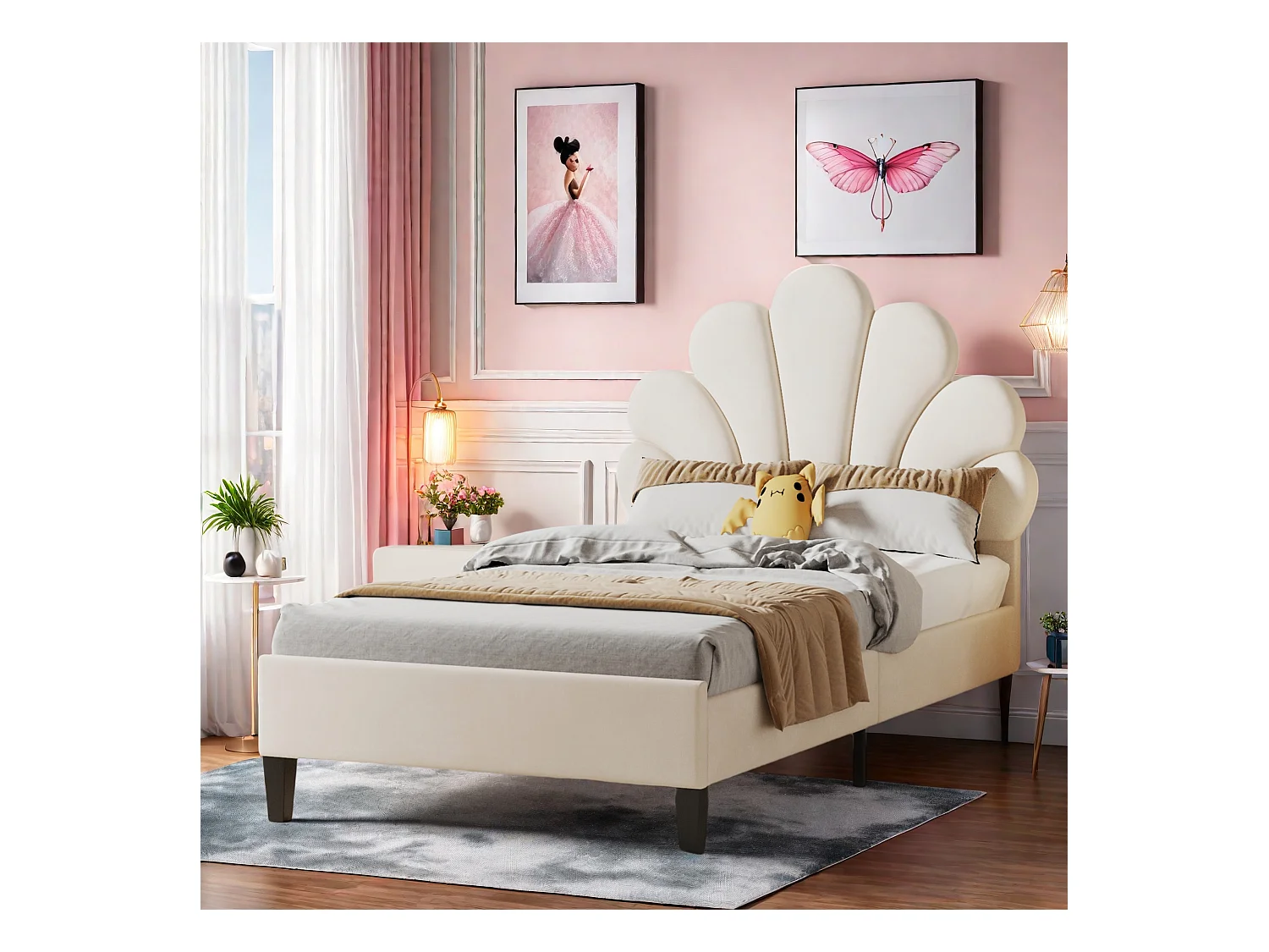 Eenpersoonsbed 90 x 200 cm, gestoffeerd, met bloemvormig hoofdbord en lattenbodem, stabiel bedframe, kinderbed, huidvriendelijk fluwelen bed, Beige