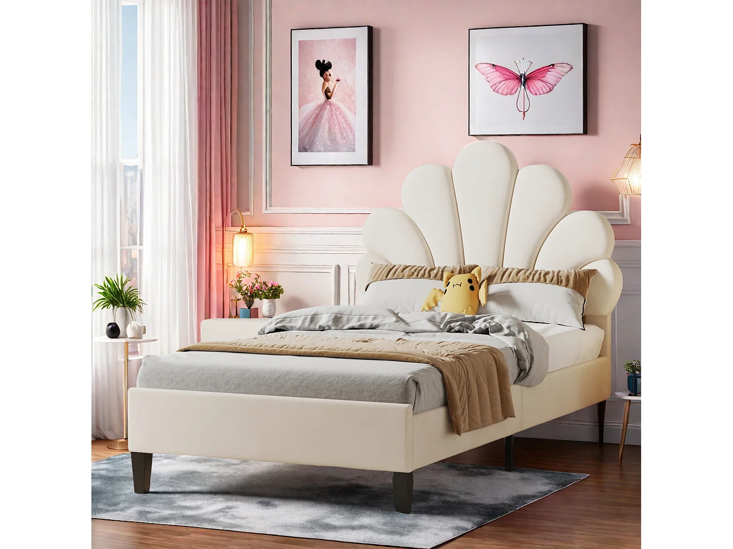 Lit simple 90x200 cm pour enfant, rembourré, tête de lit fleur, sommier à lattes, cadre stable, velours doux beige, confortable et élégant.