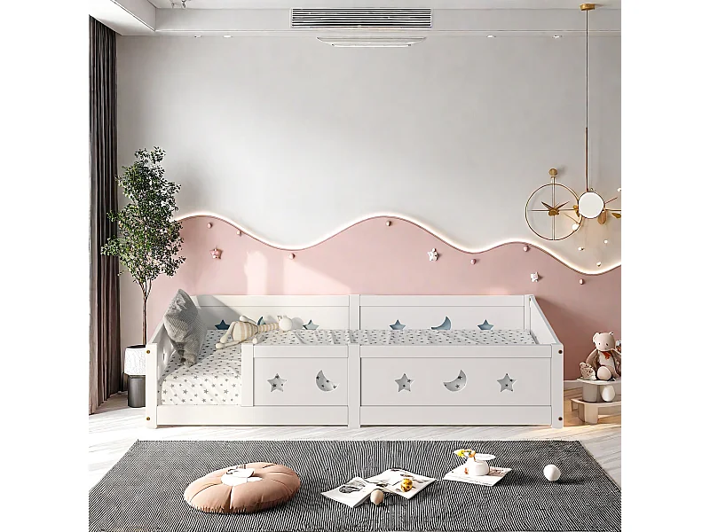 Cama infantil 90x200 cm em pinho maciço, barreiras de estrelas e luas, tinta à base de água segura, proteção contra quedas, design seguro