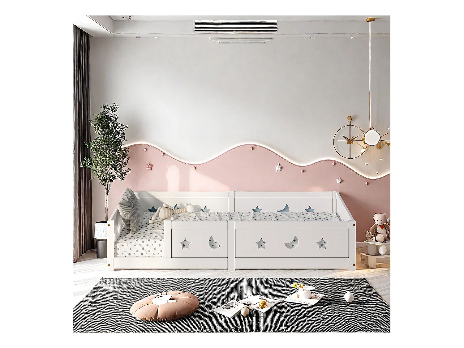 Cama infantil 90x200 cm em pinho maciço, barreiras de estrelas e luas, tinta à base de água segura, proteção contra quedas, design seguro
