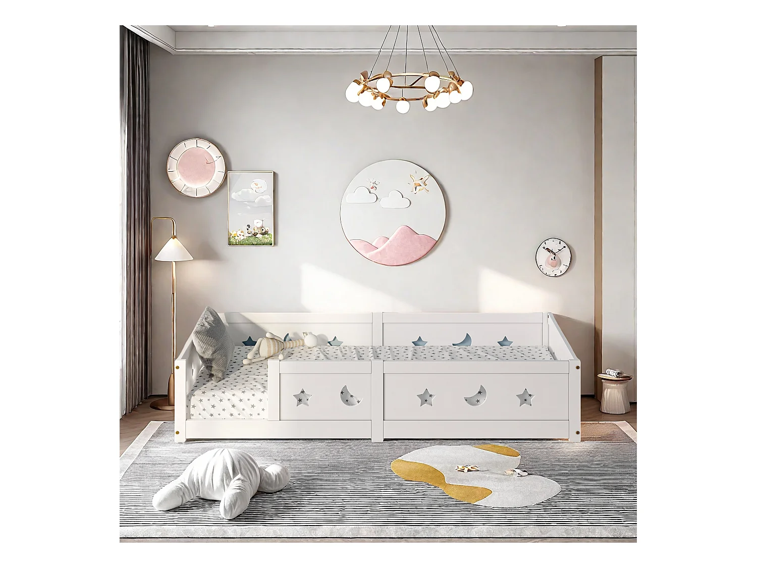 Cama infantil 90x200 cm em pinho maciço, barreiras de estrelas e luas, tinta à base de água segura, proteção contra quedas, design seguro