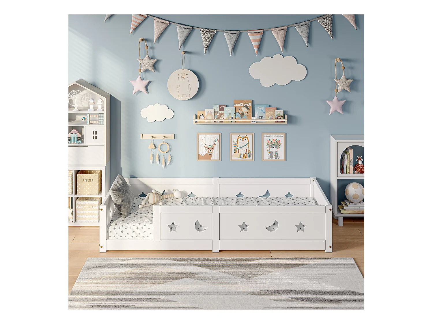 Cama infantil 90x200 cm em pinho maciço, barreiras de estrelas e luas, tinta à base de água segura, proteção contra quedas, design seguro