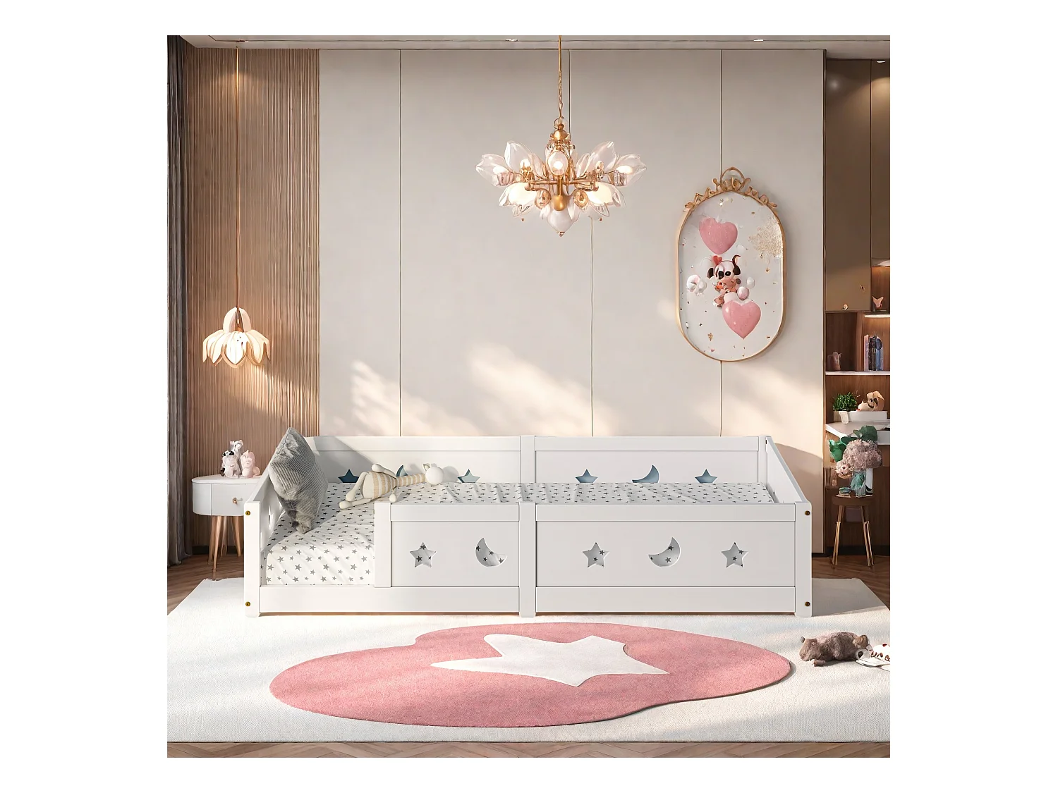 Cama infantil 90x200 cm em pinho maciço, barreiras de estrelas e luas, tinta à base de água segura, proteção contra quedas, design seguro
