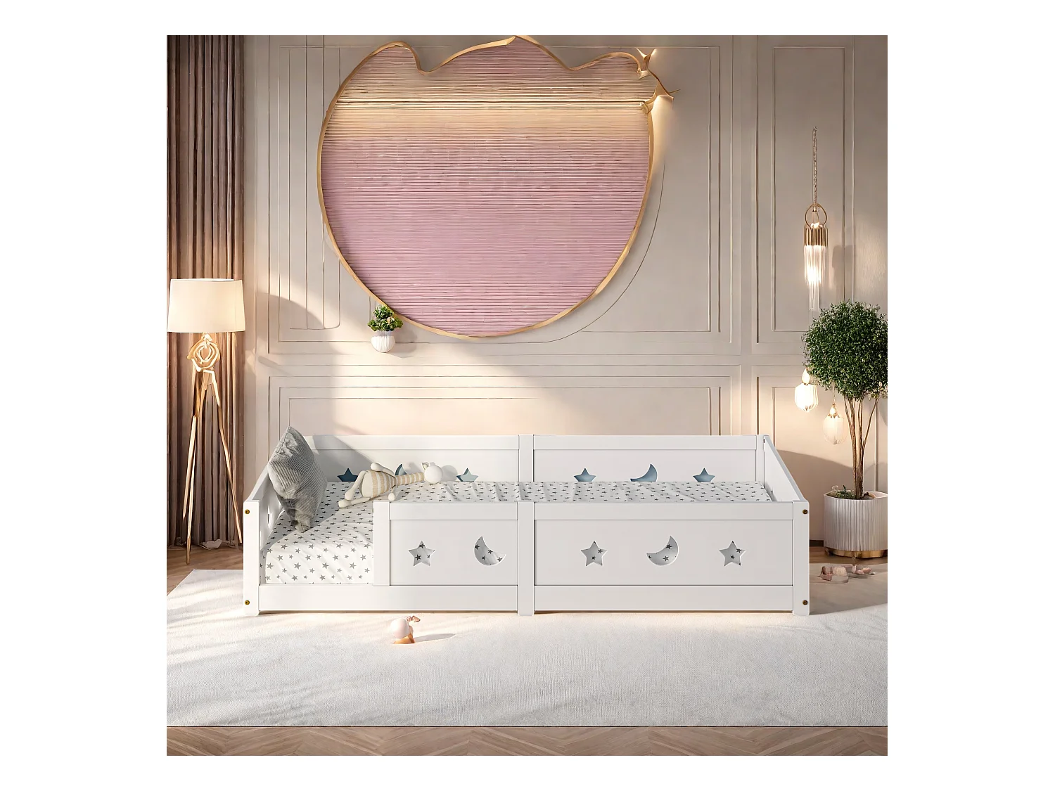 Cama infantil 90x200 cm em pinho maciço, barreiras de estrelas e luas, tinta à base de água segura, proteção contra quedas, design seguro