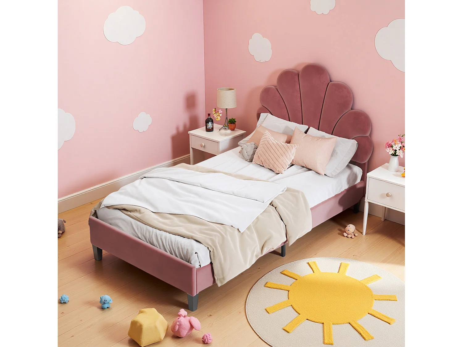 Lit simple 90x200 cm pour enfant, rembourré, tête de lit fleur, sommier à lattes, cadre stable, velours doux rouge, confortable et élégant
