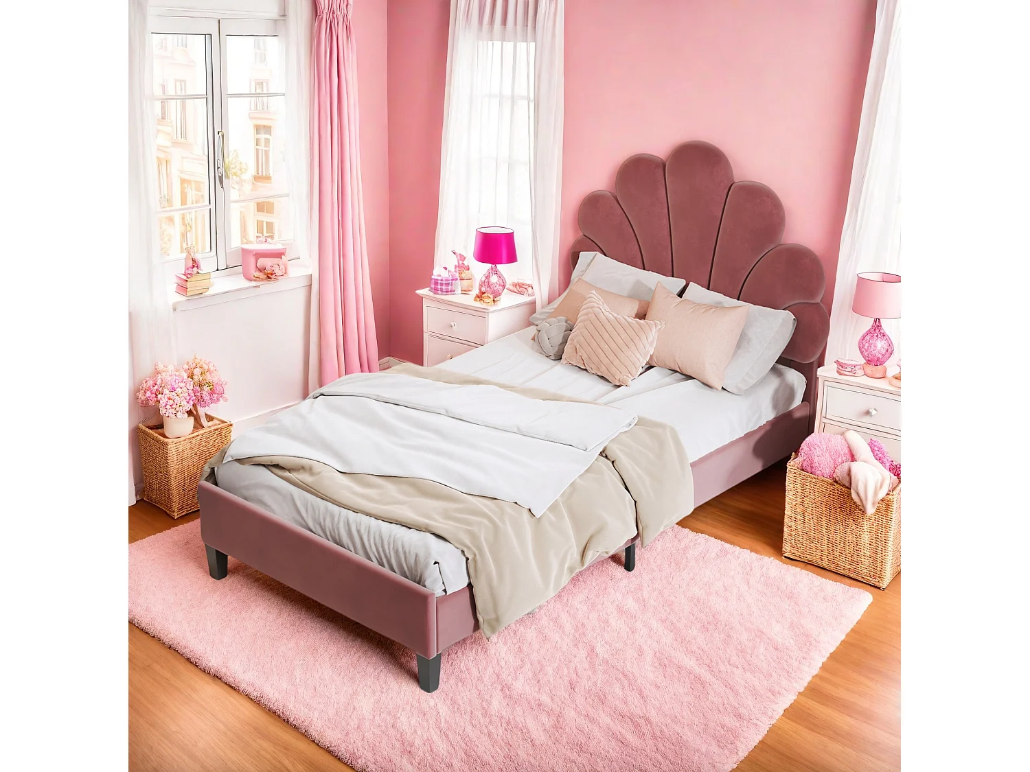 Lit simple 90x200 cm pour enfant, rembourré, tête de lit fleur, sommier à lattes, cadre stable, velours doux rouge, confortable et élégant