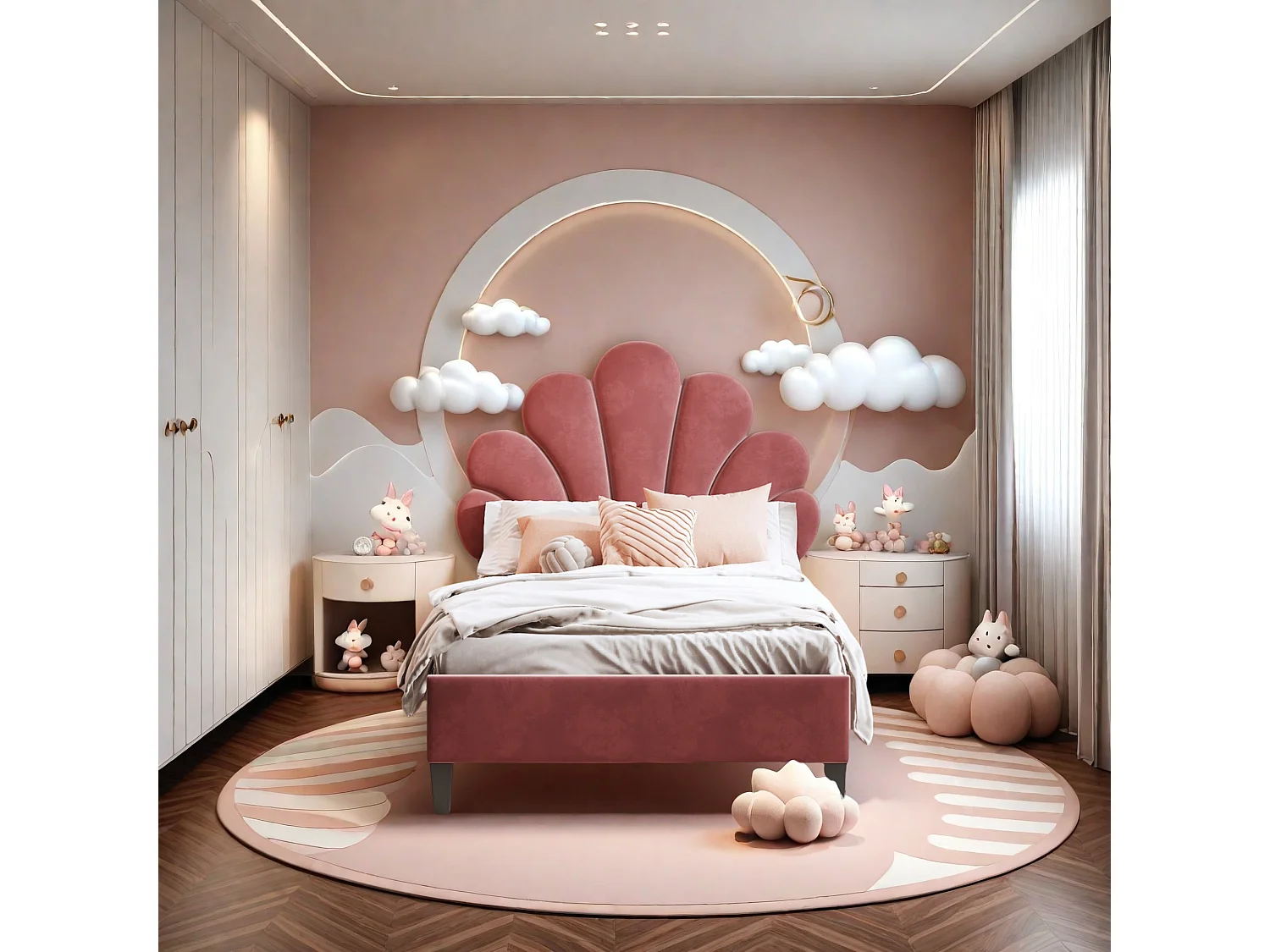 Lit simple 90x200 cm pour enfant, rembourré, tête de lit fleur, sommier à lattes, cadre stable, velours doux rouge, confortable et élégant