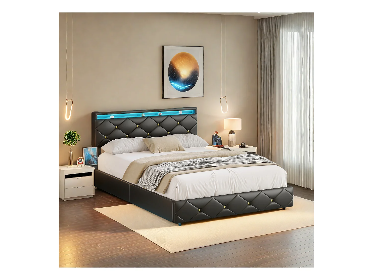 Cama de casal 160x200 com filtro de linha e iluminação LED, estrutura de cama flutuante com cabeceira ajustável e base de ripas, PU (preto, 160x200)