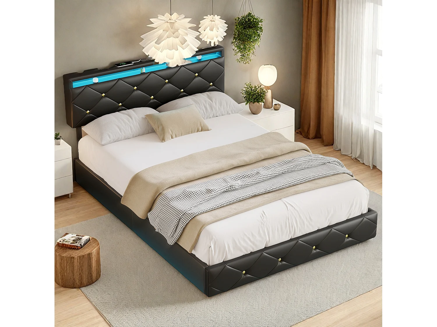 Lit Double 160x200 avec Multiprise & Éclairage LED, Cadre de lit Flottant avec Tête de Lit Réglable et sommier à Lattes,PU (Noir, 160x200)