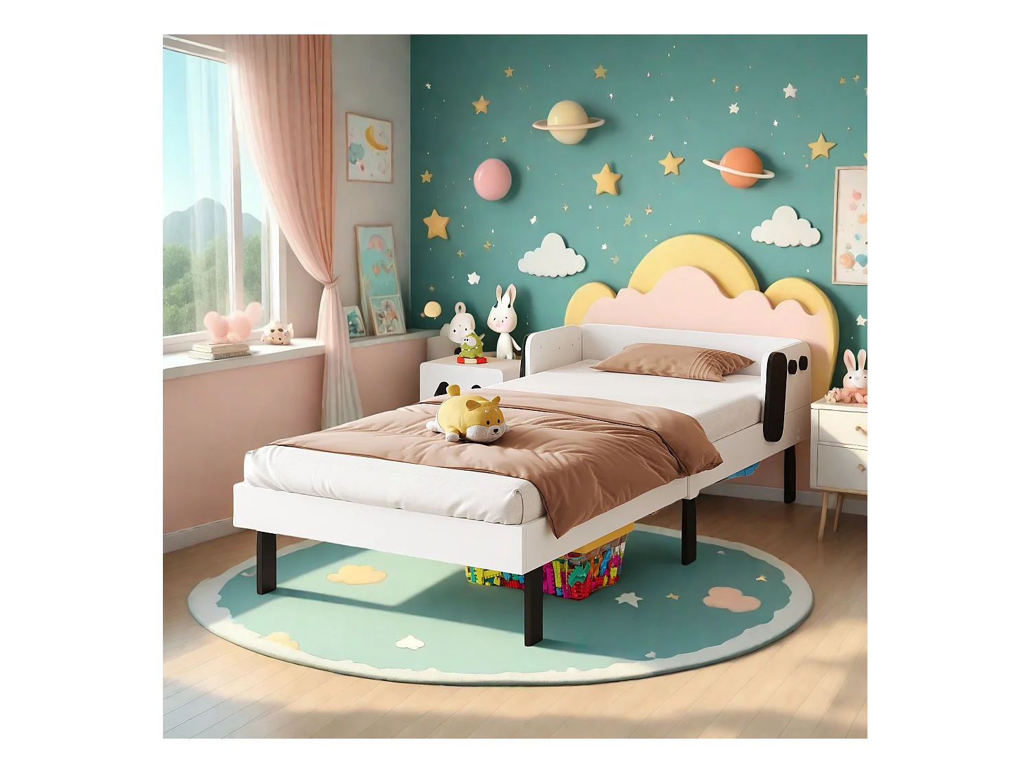 Letto per bambini 90 x 200 cm, a forma di cucciolo, struttura in legno massello, con rete a doghe, bianco senza materasso