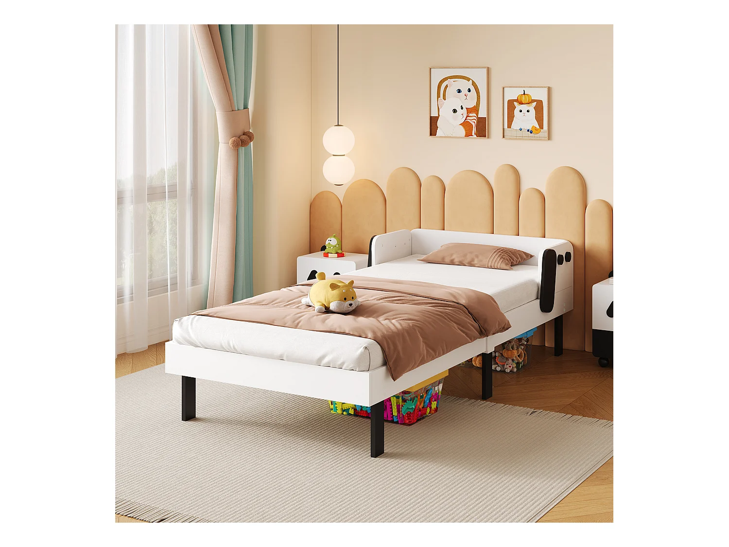 Letto per bambini 90 x 200 cm, a forma di cucciolo, struttura in legno massello, con rete a doghe, bianco senza materasso