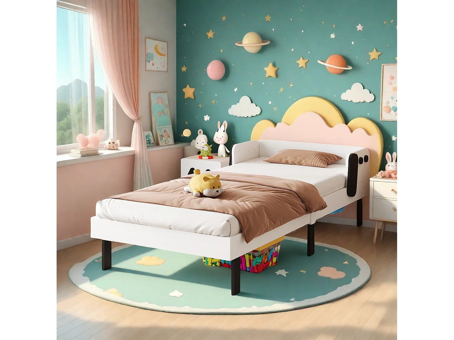 Lit pour enfant 90 x 200 cm, en forme de chiots, cadre de lit en bois massif, avec sommier à lattes, blanc sans matelas