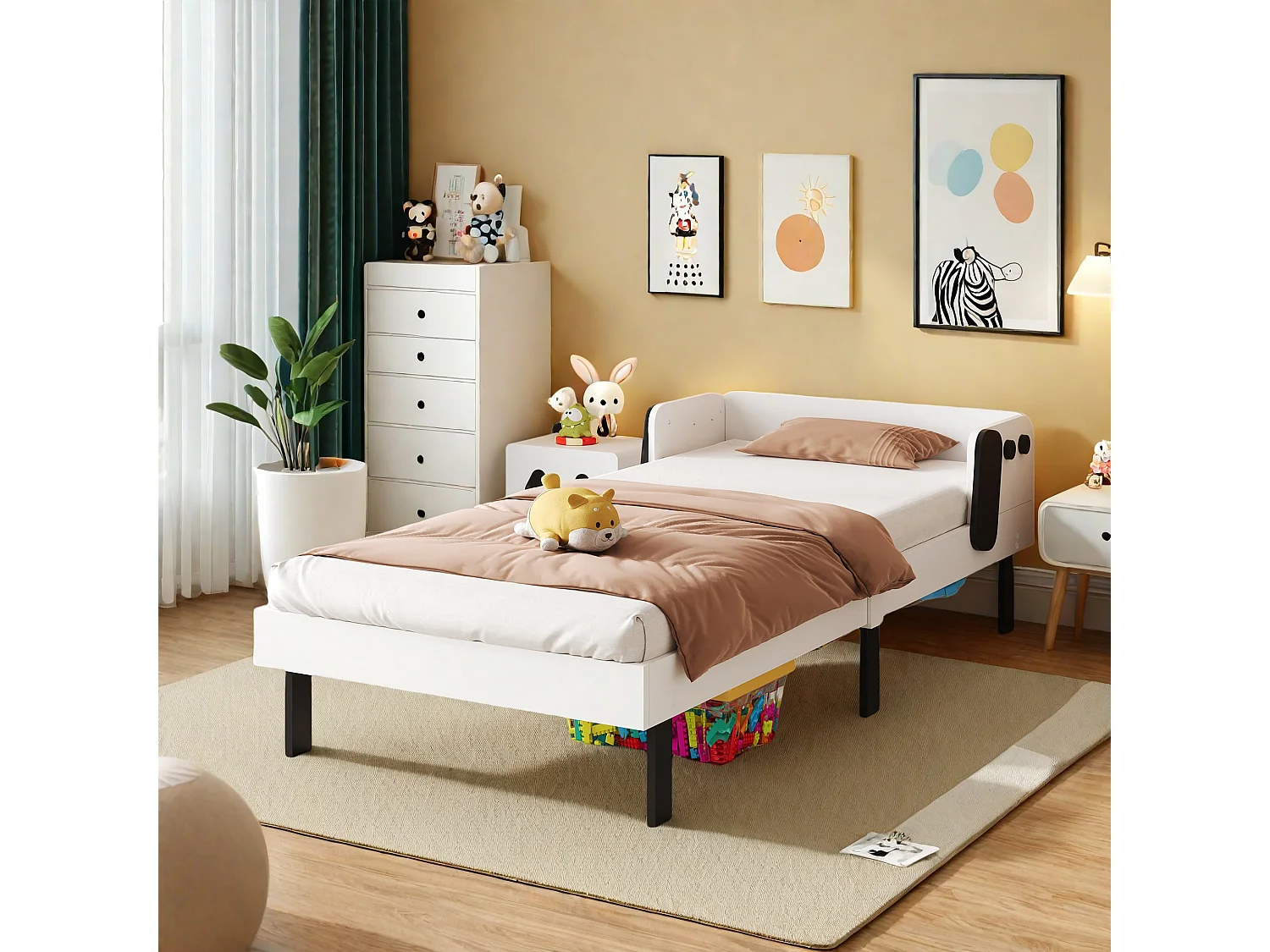 Lit pour enfant 90 x 200 cm, en forme de chiots, cadre de lit en bois massif, avec sommier à lattes, blanc sans matelas