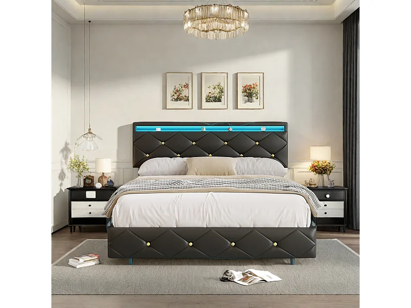 Cama de casal 140x200 com filtro de linha e iluminação LED, estrutura de cama flutuante com cabeceira ajustável e base de ripas, PU (preto, 140x200)