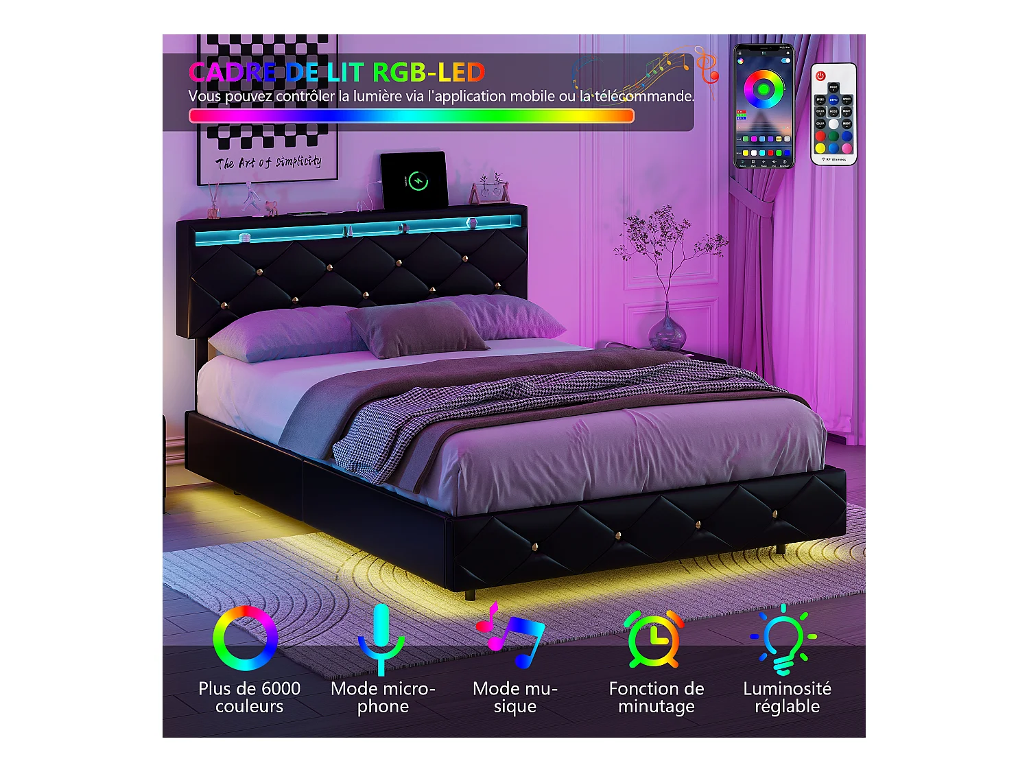 Cama de casal 140x200 com filtro de linha e iluminação LED, estrutura de cama flutuante com cabeceira ajustável e base de ripas, PU (preto, 140x200)