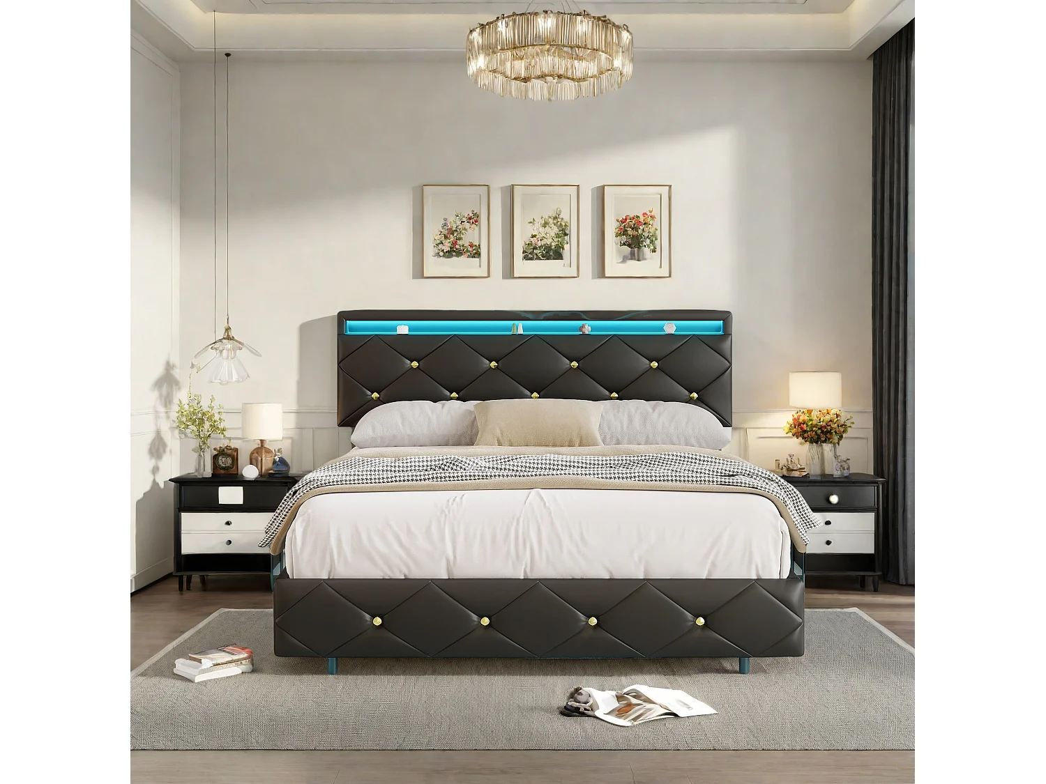 Lit Double 140x200 avec Multiprise & Éclairage LED, Cadre de lit Flottant avec Tête de Lit Réglable et sommier à Lattes,PU (Noir, 140x200)